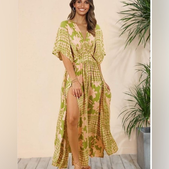 Floral Deep V Dolman Sleeve Split Maxi Long Dress - Picture 1 of 7